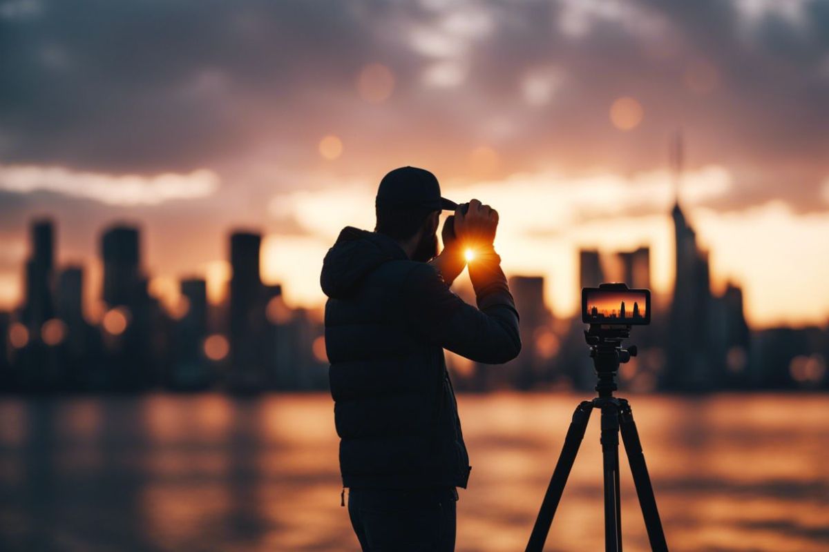 Person photographant coucher de soleil urbain, professionnel.